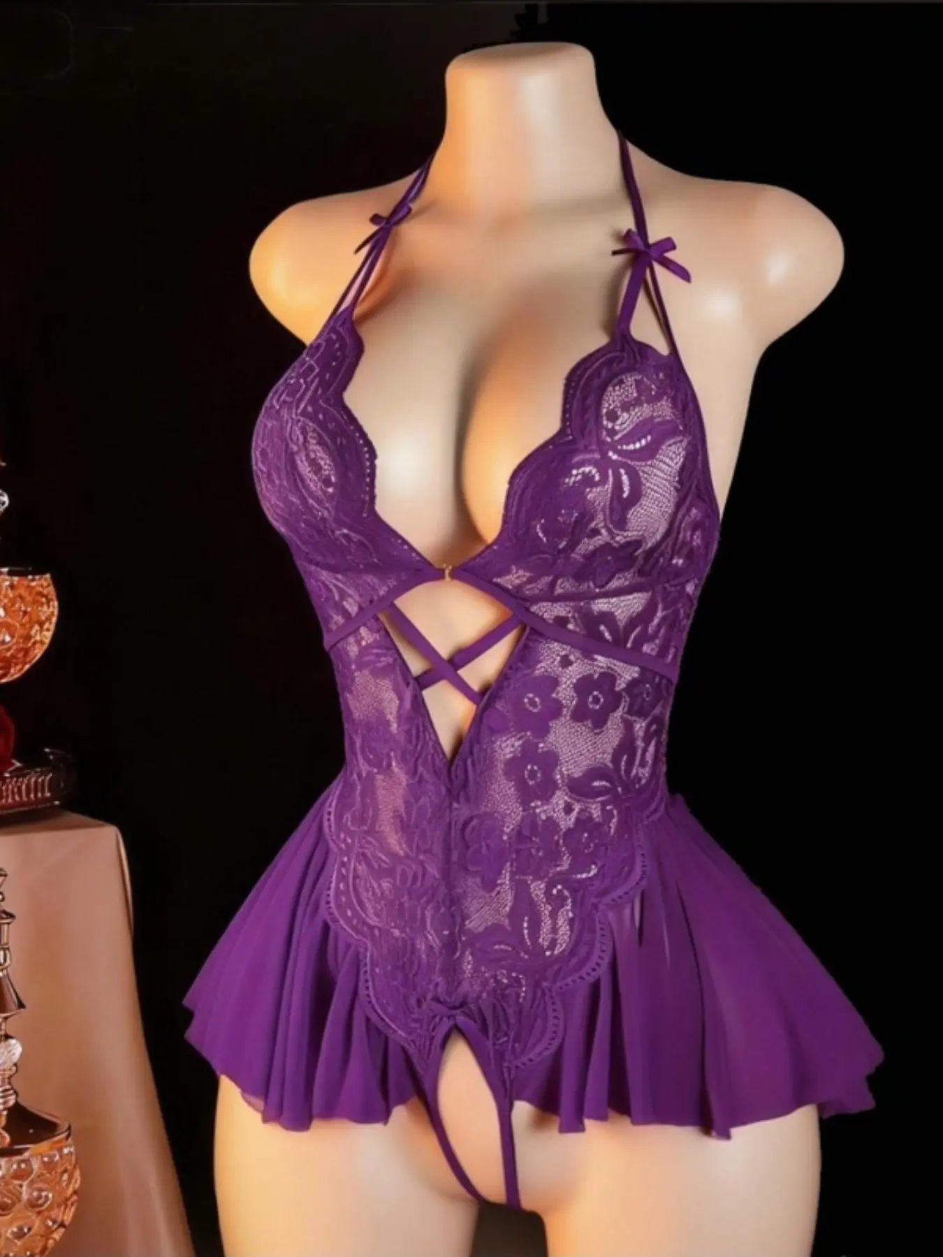 1PCS European and American lace open file free onesie sexy women deep V temptation pure desire short skirt erotic lingerie