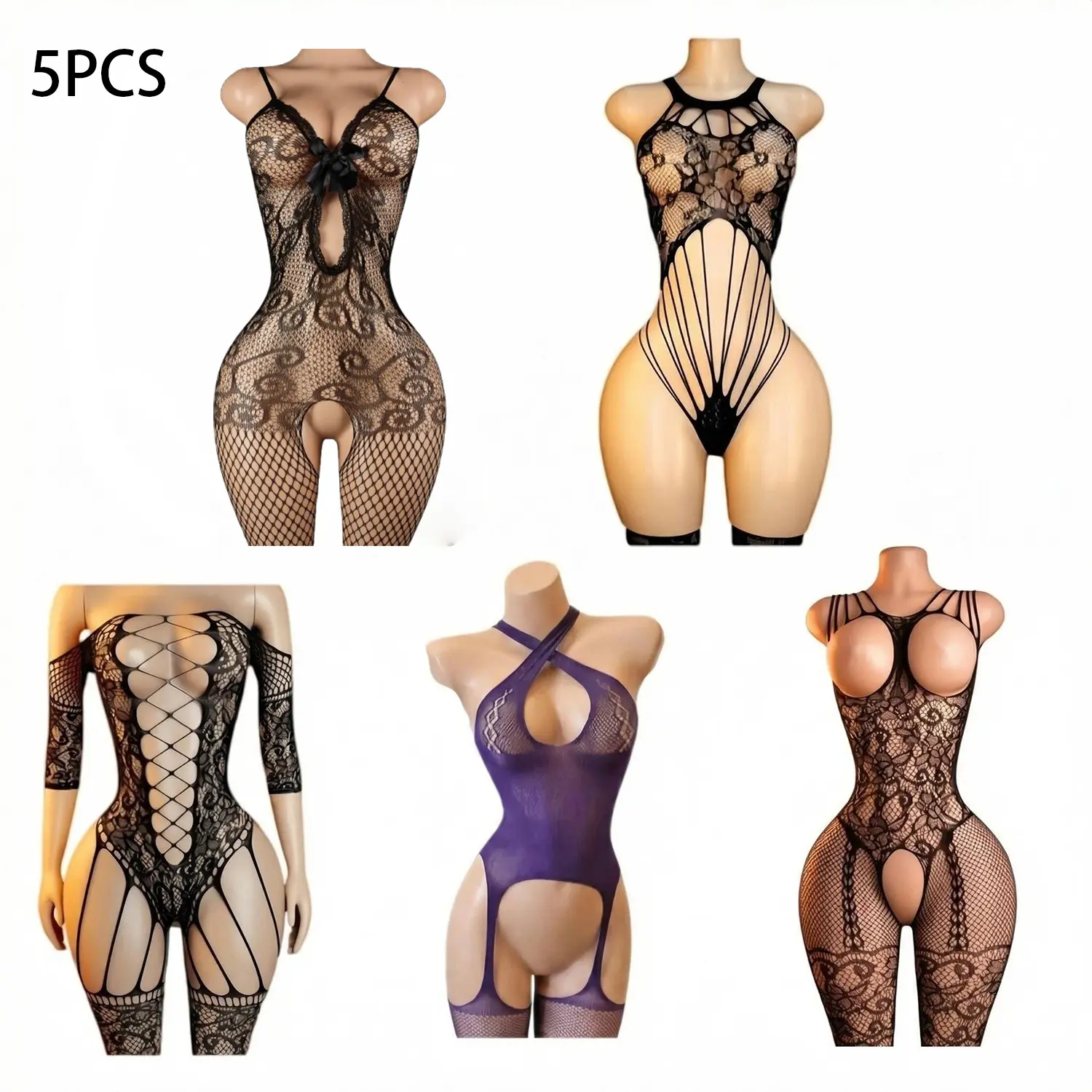 5 Packs Women Fishnet Bodysuits Mesh BodyStocking Fishnet Lingerie Long Sleeve Bodysuits One Piece Jumpsuit