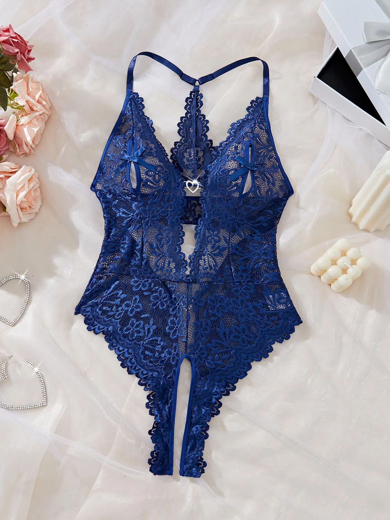 Womens Sexy Backless Soft Comfy Lingerie, Underwear Lace Floral Babydoll with Heart-Shaped Button, Unique Semi-Transparent Design Fitted Cut Sleeveless Clothing for All Seasons, Valentines Gift