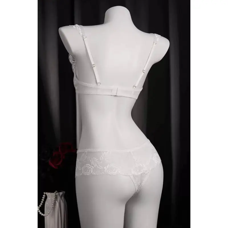 Womens 2-Piece Matching White Floral Lace Bralette and Panty Set, Soft Fabric Loungewear for Elegance