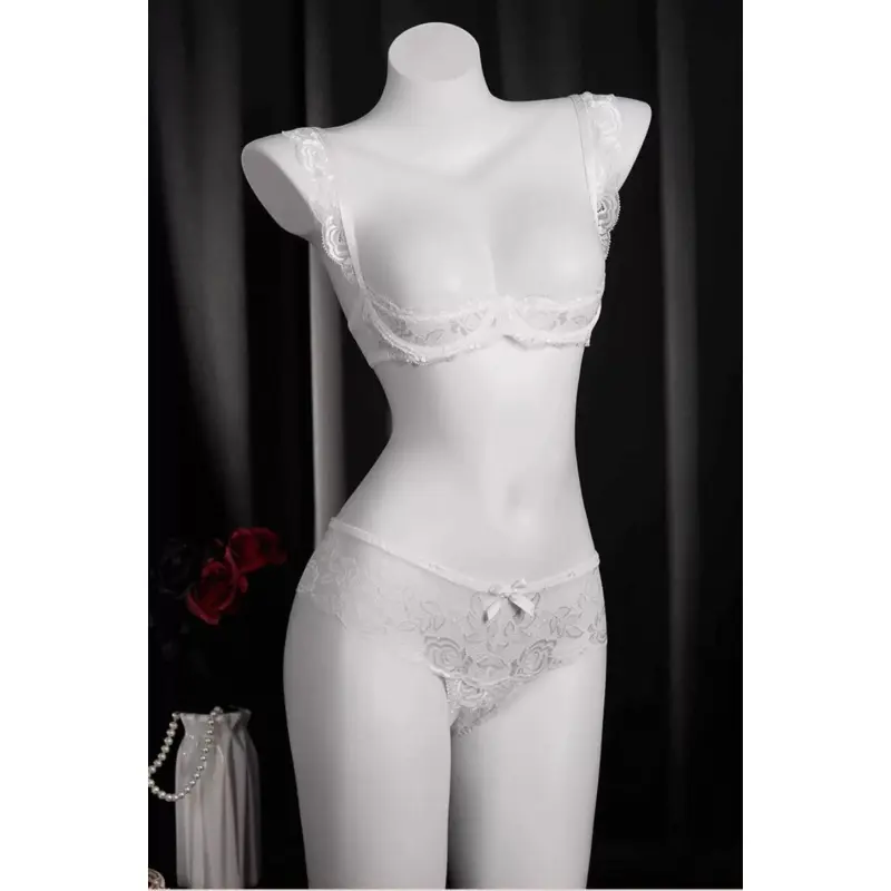 Womens 2-Piece Matching White Floral Lace Bralette and Panty Set, Soft Fabric Loungewear for Elegance