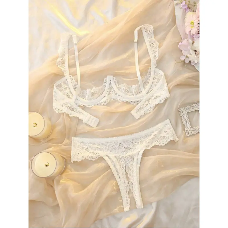 Womens 2-Piece Matching White Floral Lace Bralette and Panty Set, Soft Fabric Loungewear for Elegance