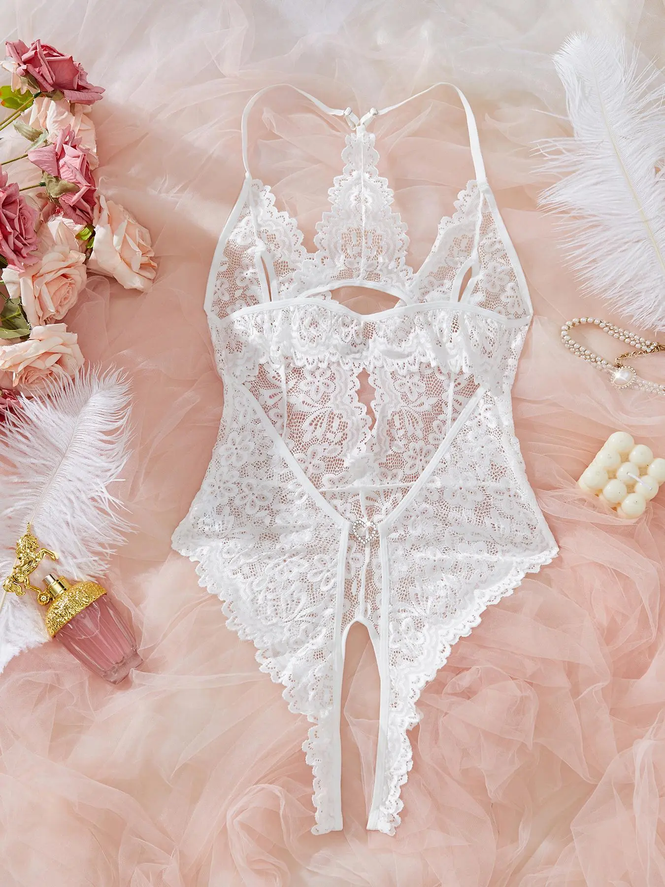Womens Sexy Backless Soft Comfy Lingerie, Underwear Lace Floral Babydoll with Heart-Shaped Button, Unique Semi-Transparent Design Fitted Cut Sleeveless Clothing for All Seasons, Valentines Gift