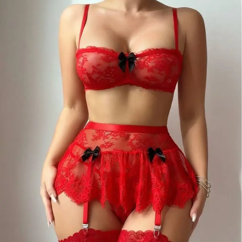 5pcs Set Women Sexy Romantic Lace Mini Skirt With Stocking Lingerie Set, For Christmas Womenswear plus size fashion Fabric Matching Elegance Feminine plus size fashion Red