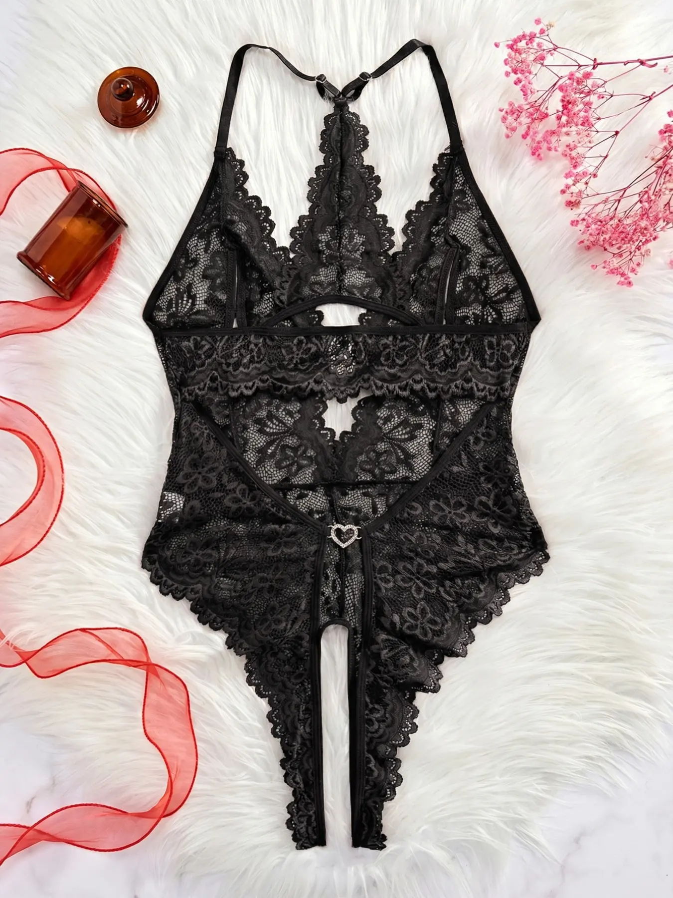 Womens Sexy Backless Soft Comfy Lingerie, Underwear Lace Floral Babydoll with Heart-Shaped Button, Unique Semi-Transparent Design Fitted Cut Sleeveless Clothing for All Seasons, Valentines Gift