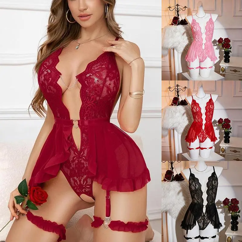 Lingerie for Women 2 Piece Lace Babydoll Deep-V Teddy Bodysuit Lingerie Set with Garter Belt
