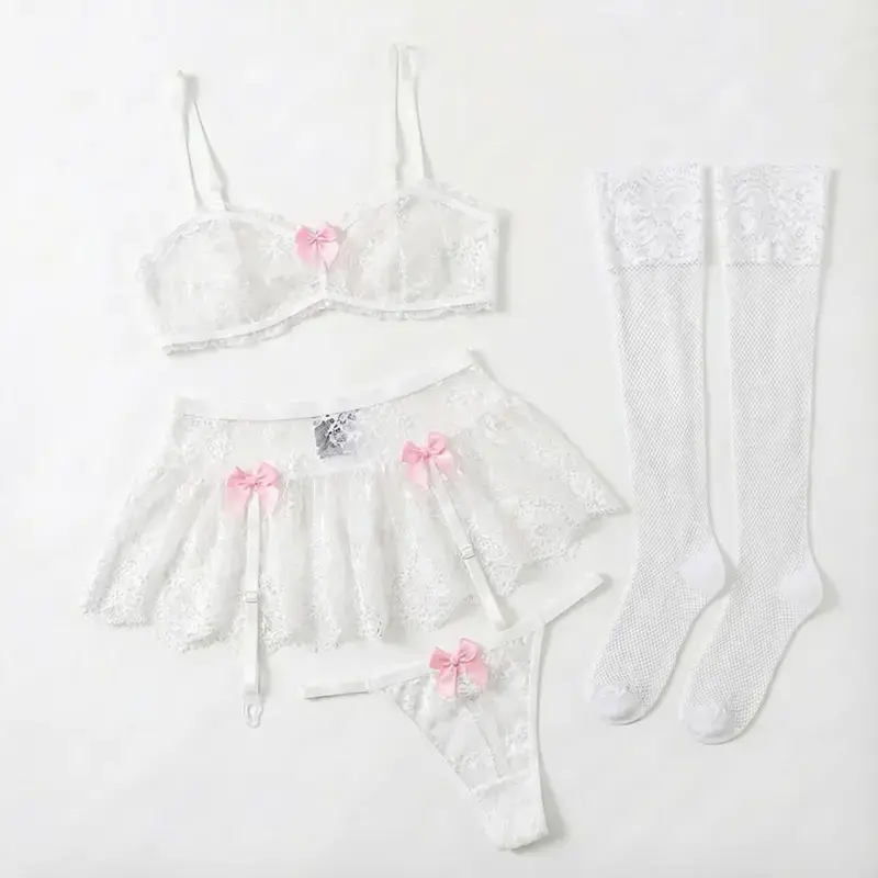 5pcs Set Women Sexy Romantic Lace Mini Skirt With Stocking Lingerie Set, For Christmas Womenswear plus size fashion Fabric Matching Elegance Feminine plus size fashion Red