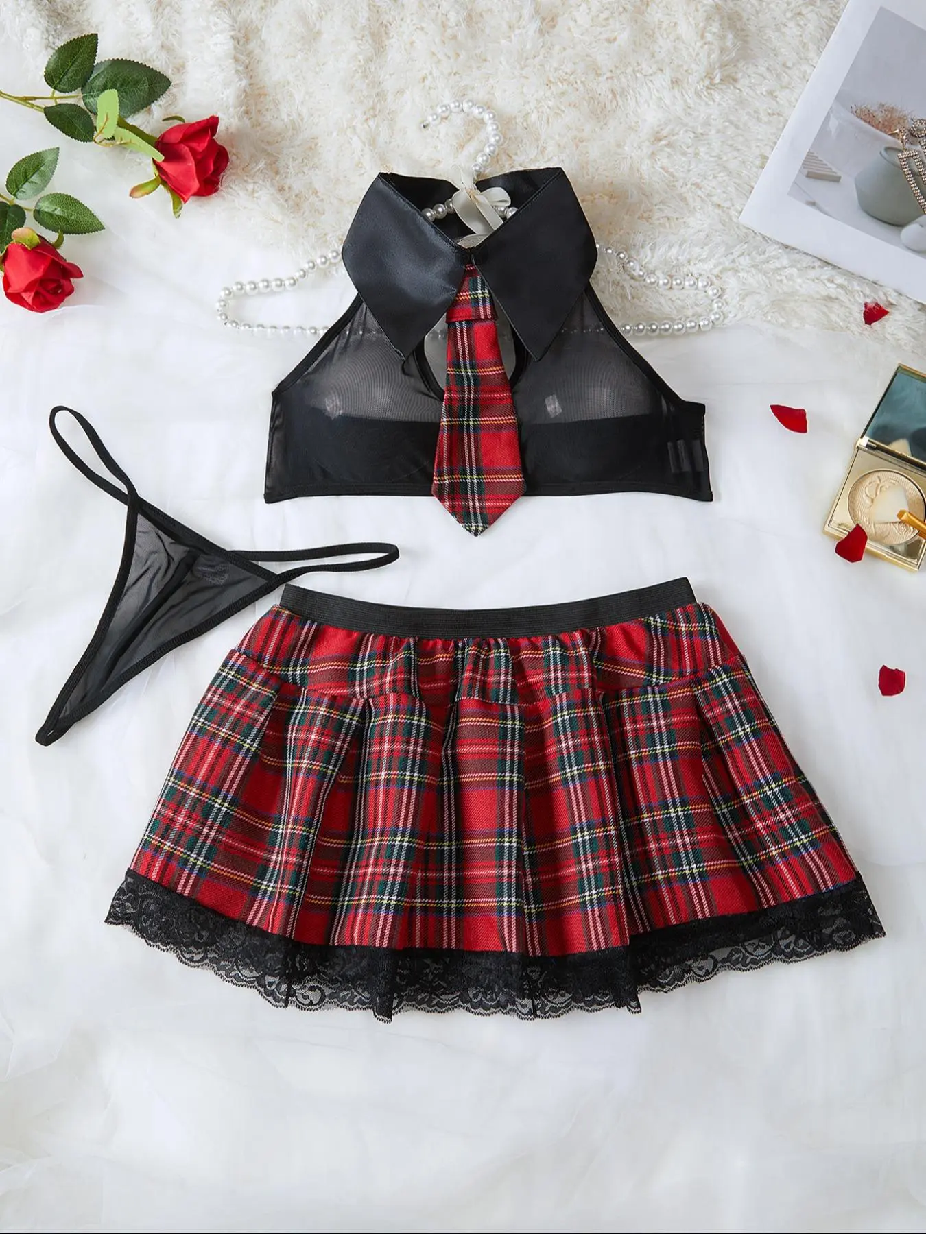 Womens Sexy Cute Chic Homecoming Student Uniform Cosplay Three-Piece Set, Underwear, Plaid Pattern, Sheer High Elastic Material, All Seasons