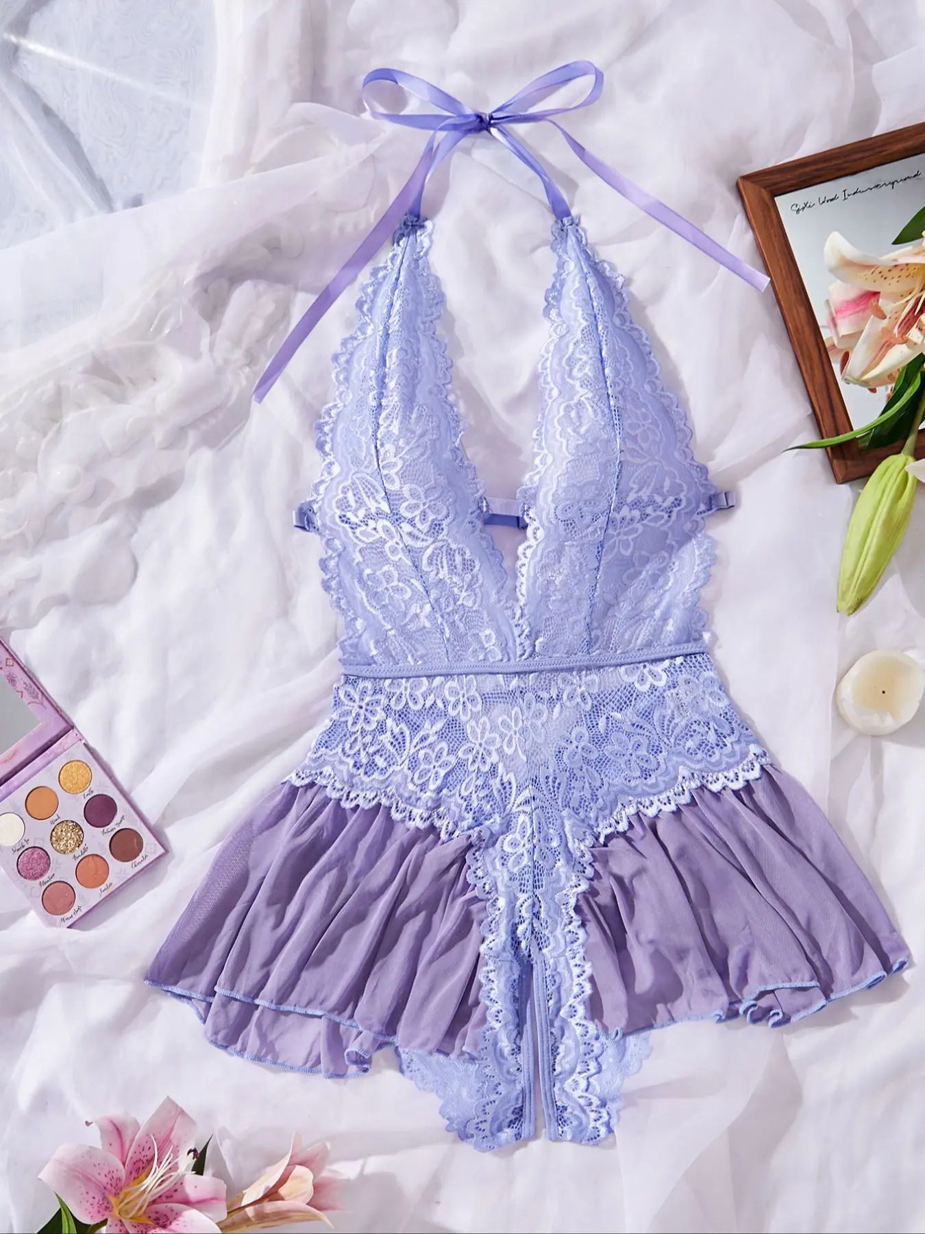 Womens Sexy Open Front Fitted Lingerie, Fashion Tie Details, Lace Decoration, Lightweight Fabric, Semi-Transparent, Sleeveless, Waist Bodysuit