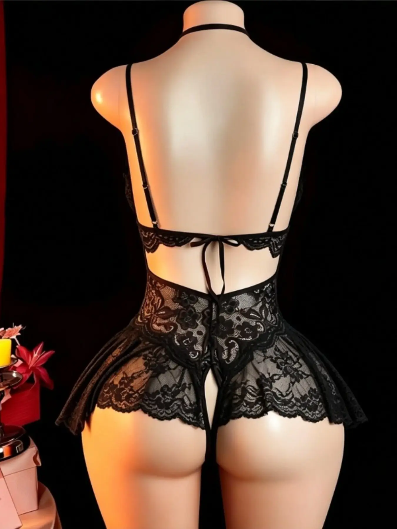 1PCS European and American lace open file free onesie sexy women deep V temptation pure desire short skirt erotic lingerie