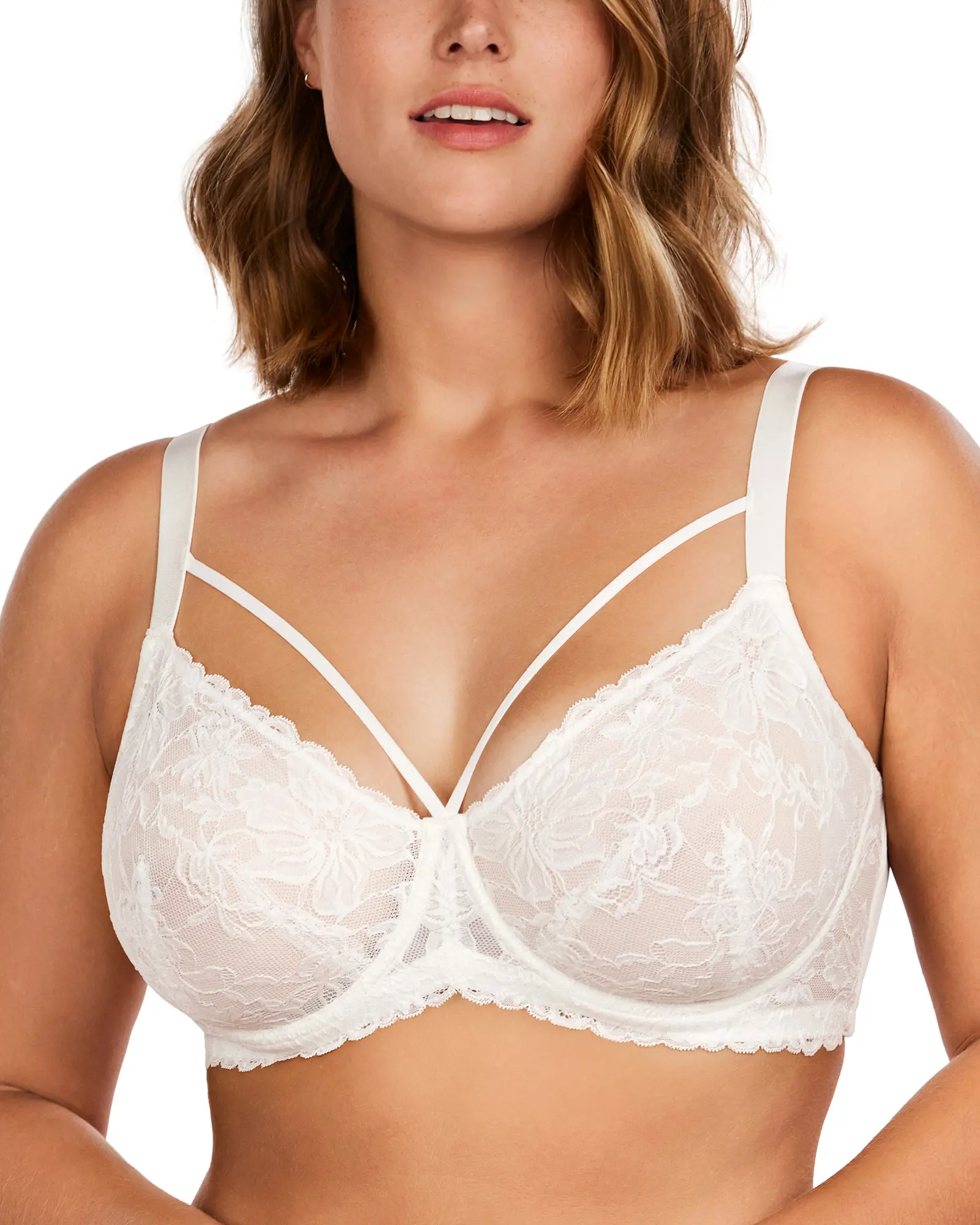 HSIA Pretty In Petals Plus Size Elegant Sheer Mesh Lace Unlined Full Coverage Strappy Underwire Non-Padded Bra with Minimizer Support Wide Adjustable Straps for Womens Everyday Lingerie