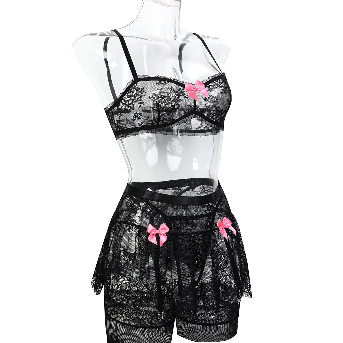 WomenFour piece Lace Lingerie Set Floral Lace Bow Design Includes Garter Skirt,Thong,Fishnet Stockings ,Mesh Gloves Available in Multiple Color