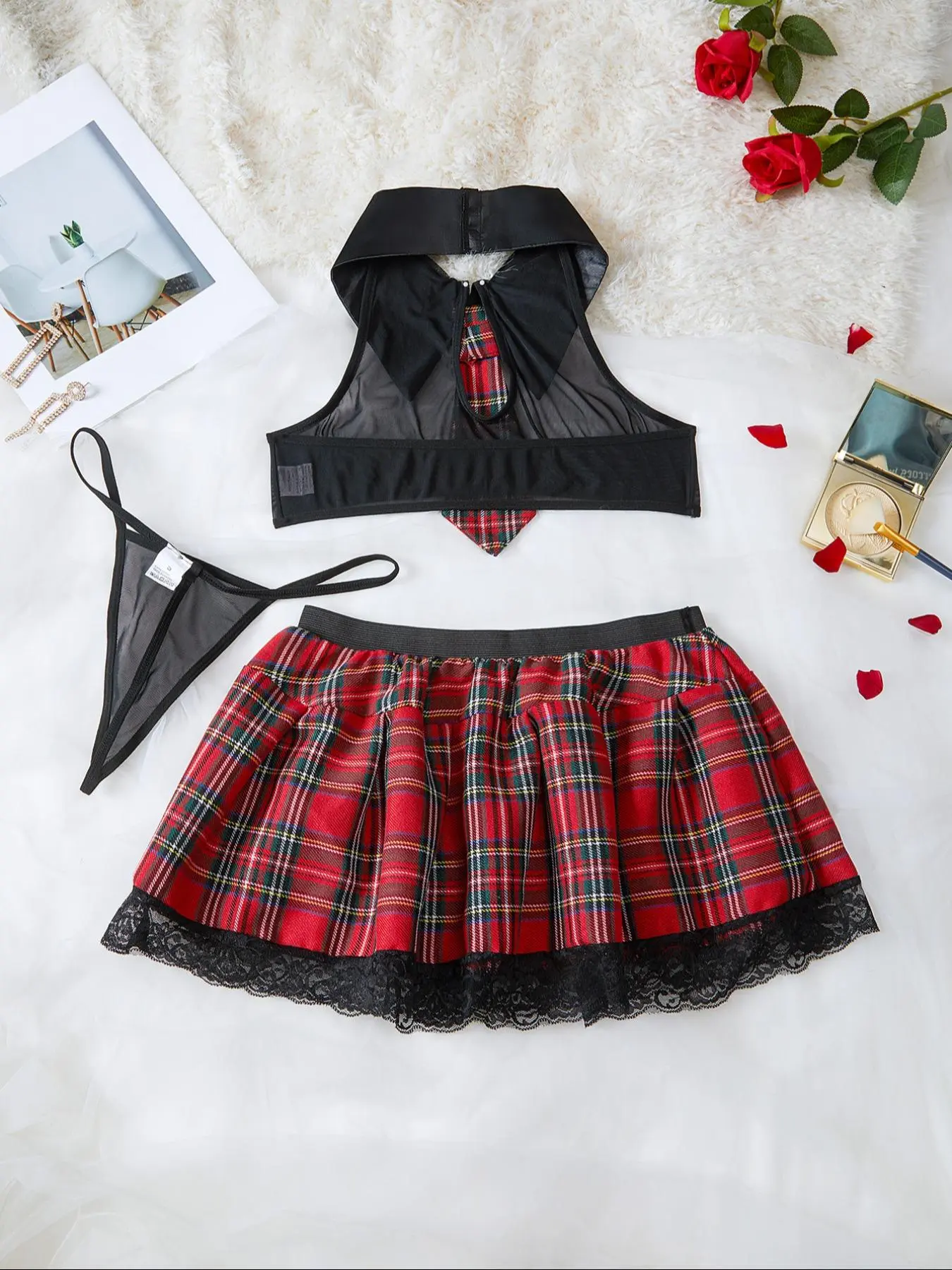 Womens Sexy Cute Chic Homecoming Student Uniform Cosplay Three-Piece Set, Underwear, Plaid Pattern, Sheer High Elastic Material, All Seasons