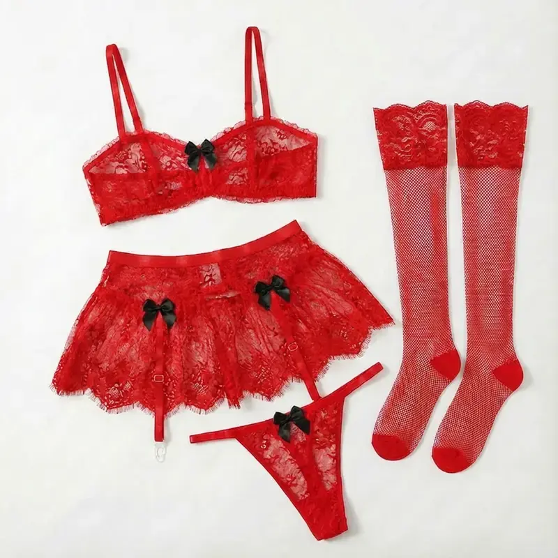 5pcs Set Women Sexy Romantic Lace Mini Skirt With Stocking Lingerie Set, For Christmas Womenswear plus size fashion Fabric Matching Elegance Feminine plus size fashion Red