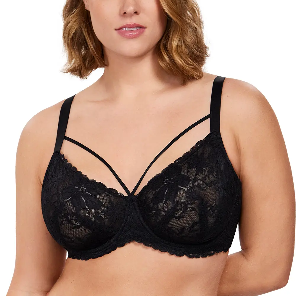HSIA Pretty In Petals Plus Size Elegant Sheer Mesh Lace Unlined Full Coverage Strappy Underwire Non-Padded Bra with Minimizer Support Wide Adjustable Straps for Womens Everyday Lingerie