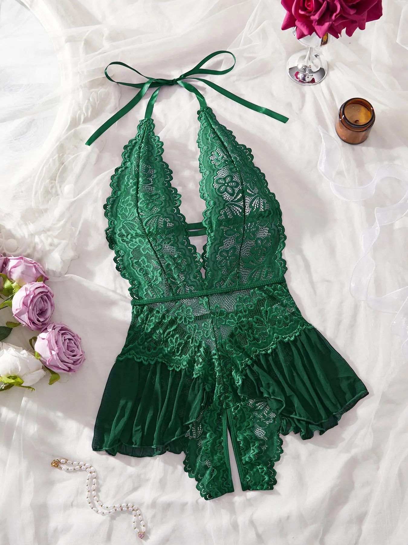 Womens Sexy Open Front Fitted Lingerie, Fashion Tie Details, Lace Decoration, Lightweight Fabric, Semi-Transparent, Sleeveless, Waist Bodysuit