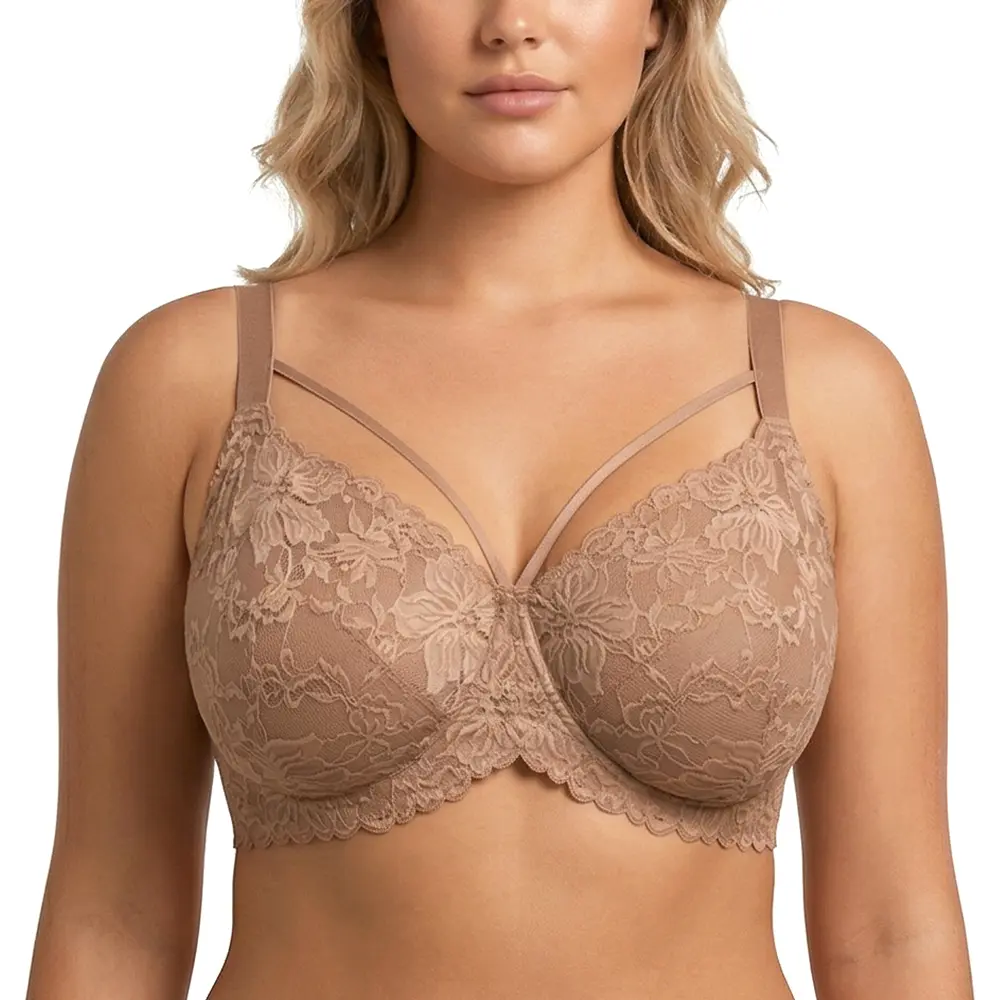 HSIA Pretty In Petals Plus Size Elegant Sheer Mesh Lace Unlined Full Coverage Strappy Underwire Non-Padded Bra with Minimizer Support Wide Adjustable Straps for Womens Everyday Lingerie