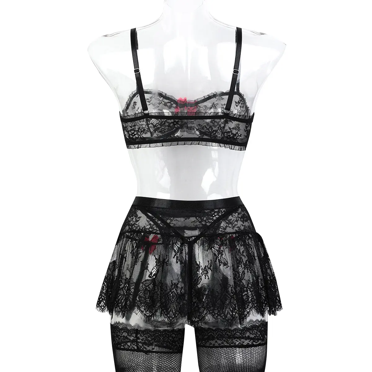 WomenFour piece Lace Lingerie Set Floral Lace Bow Design Includes Garter Skirt,Thong,Fishnet Stockings ,Mesh Gloves Available in Multiple Color