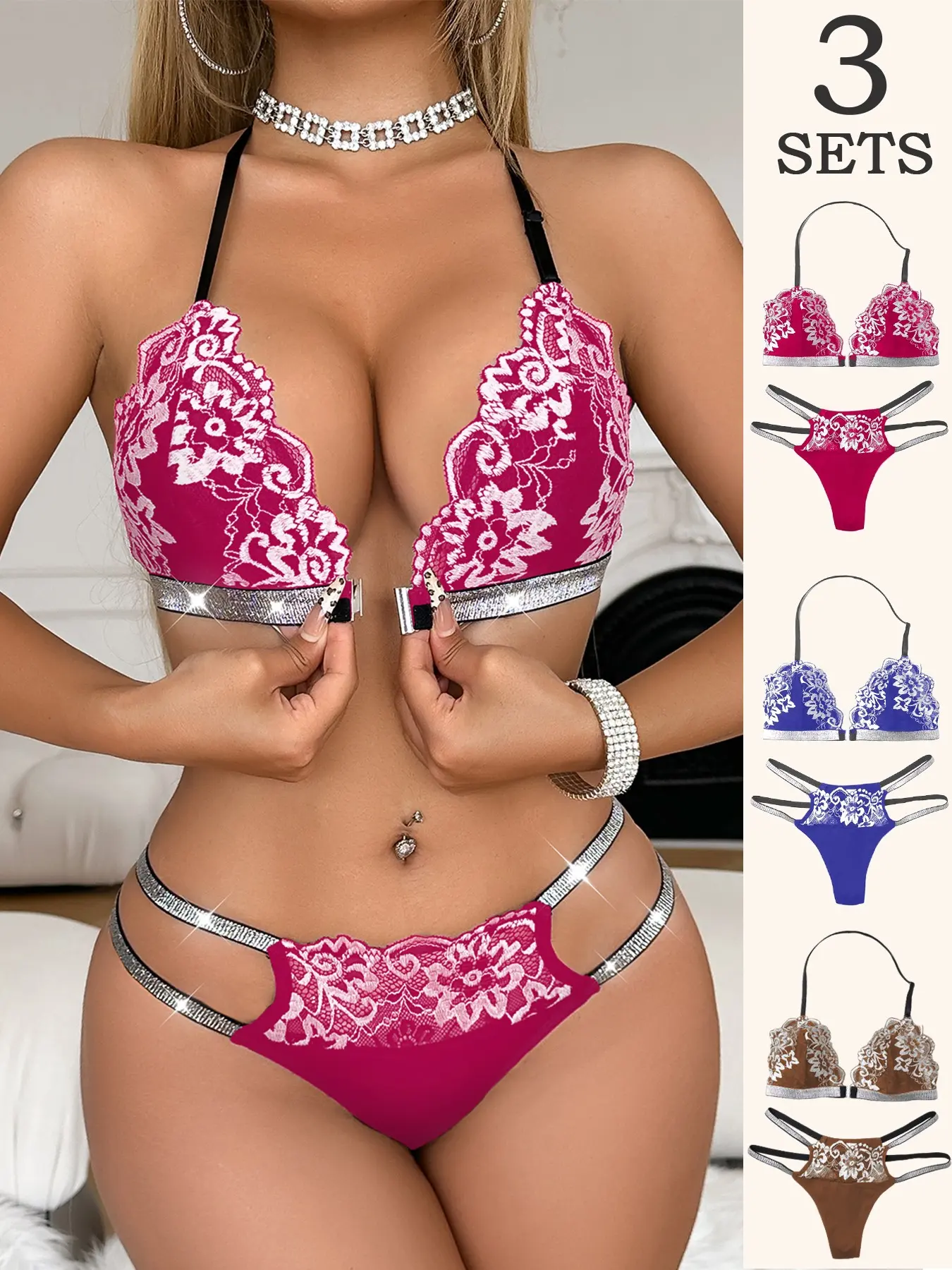 Womens Lace Lingerie Set: Front Closure Buckle Halter Neck Wireless Bralette and Low Rise Thong, Sexy Chic Comfortable Breathable Underwear – available in sets of 1 or 3