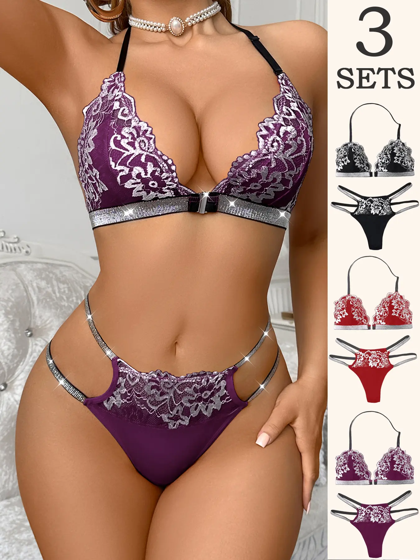 Womens Lace Lingerie Set: Front Closure Buckle Halter Neck Wireless Bralette and Low Rise Thong, Sexy Chic Comfortable Breathable Underwear – available in sets of 1 or 3