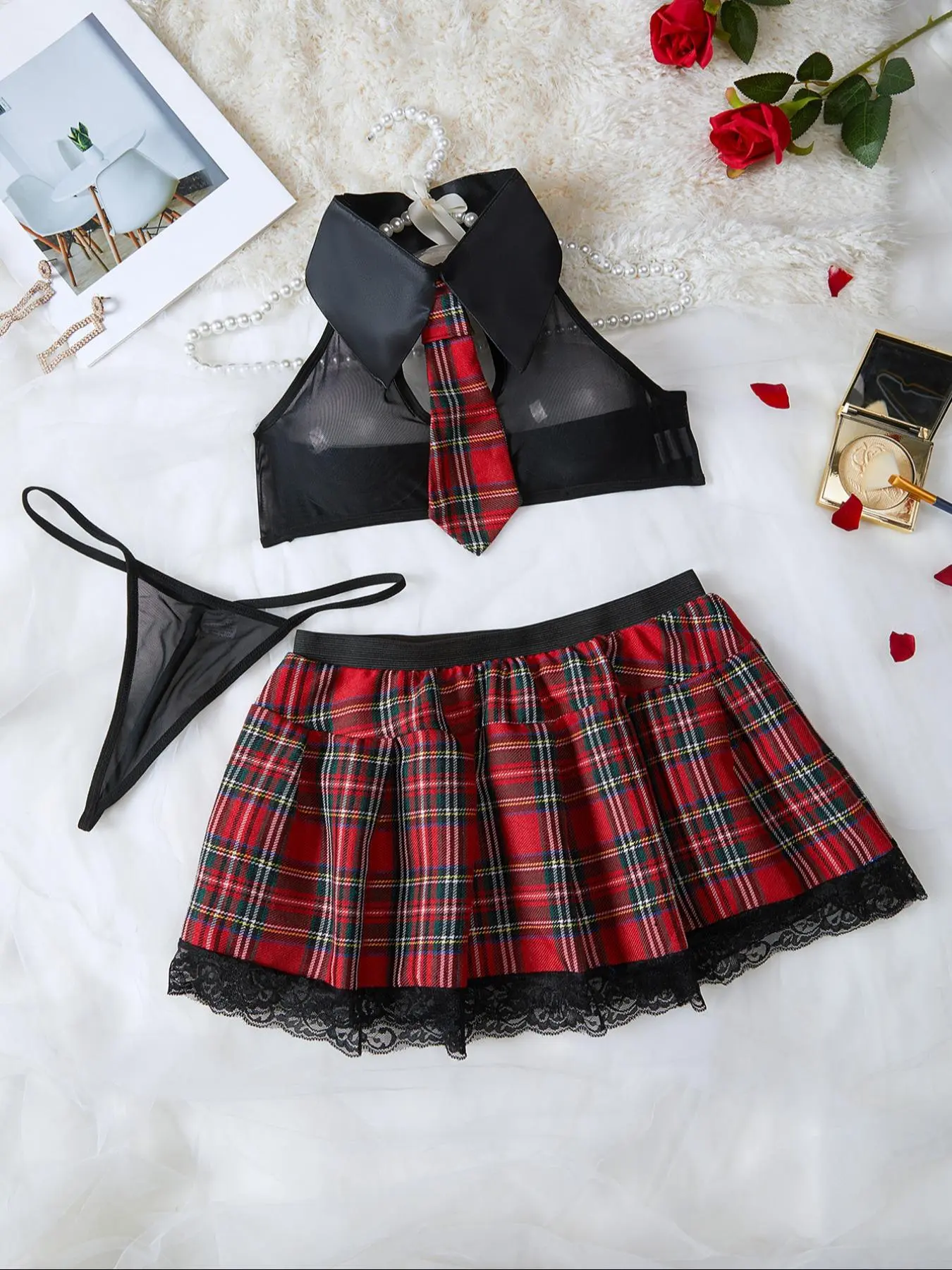 Womens Sexy Cute Chic Homecoming Student Uniform Cosplay Three-Piece Set, Underwear, Plaid Pattern, Sheer High Elastic Material, All Seasons