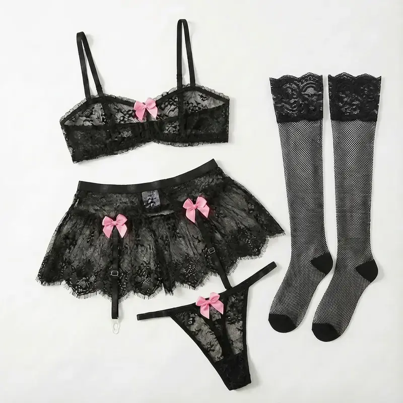 5pcs Set Women Sexy Romantic Lace Mini Skirt With Stocking Lingerie Set, For Christmas Womenswear plus size fashion Fabric Matching Elegance Feminine plus size fashion Red