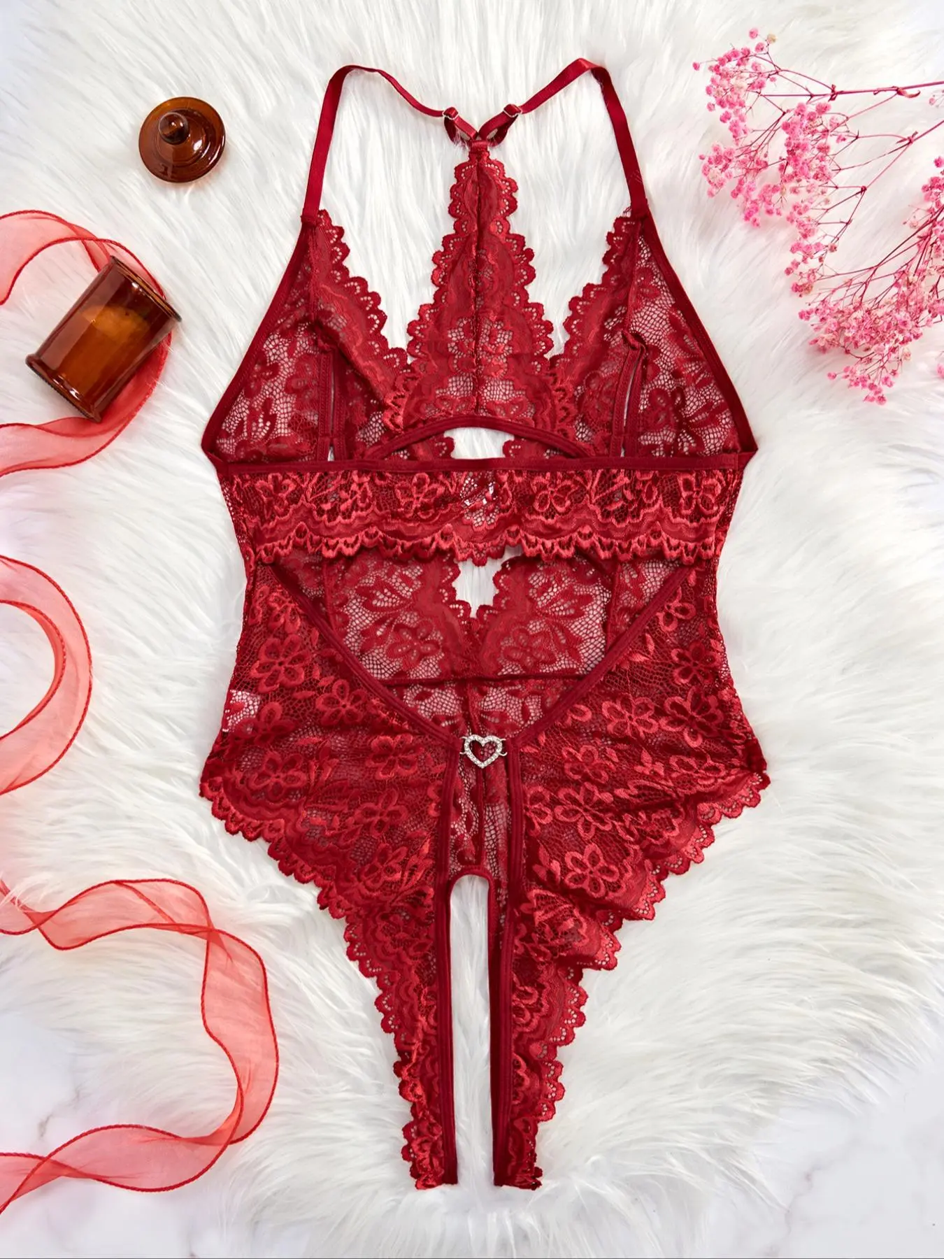 Womens Sexy Backless Soft Comfy Lingerie, Underwear Lace Floral Babydoll with Heart-Shaped Button, Unique Semi-Transparent Design Fitted Cut Sleeveless Clothing for All Seasons, Valentines Gift
