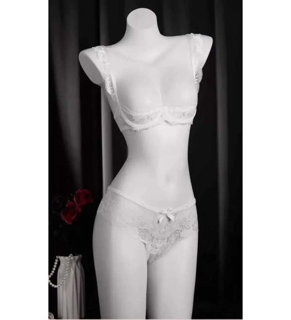 Womens 2-Piece Matching White Floral Lace Bralette and Panty Set, Soft Fabric Loungewear for Elegance