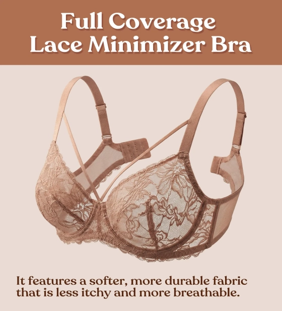 HSIA Pretty In Petals Plus Size Elegant Sheer Mesh Lace Unlined Full Coverage Strappy Underwire Non-Padded Bra with Minimizer Support Wide Adjustable Straps for Womens Everyday Lingerie