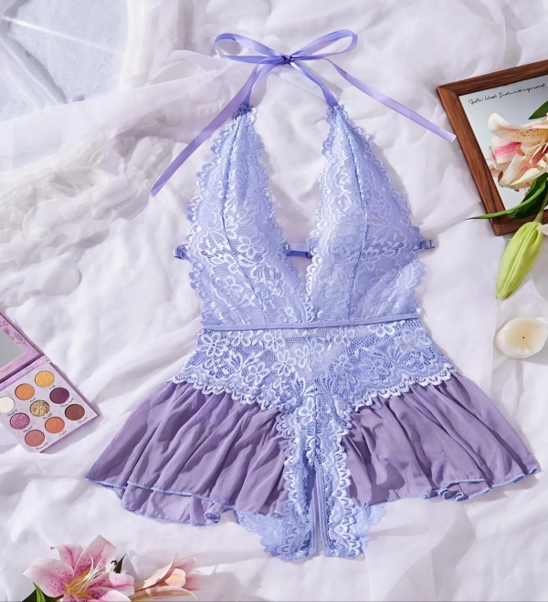 Womens Sexy Open Front Fitted Lingerie, Fashion Tie Details, Lace Decoration, Lightweight Fabric, Semi-Transparent, Sleeveless, Waist Bodysuit