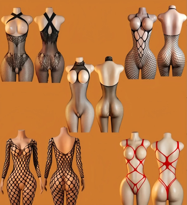 5 Packs Women Fishnet Bodysuits Mesh BodyStocking Fishnet Lingerie Long Sleeve Bodysuits One Piece Jumpsuit