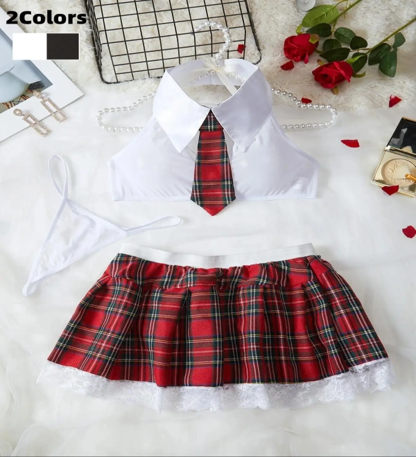 Womens Sexy Cute Chic Homecoming Student Uniform Cosplay Three-Piece Set, Underwear, Plaid Pattern, Sheer High Elastic Material, All Seasons
